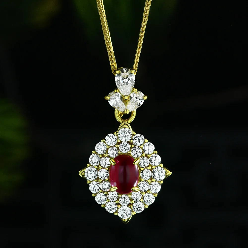 

New S925 Silver 1.5ct Egg Shaped Plain Flat Bottom 6 * 8 Red Treasure Pendant Full of Diamonds Wedding Jewelry