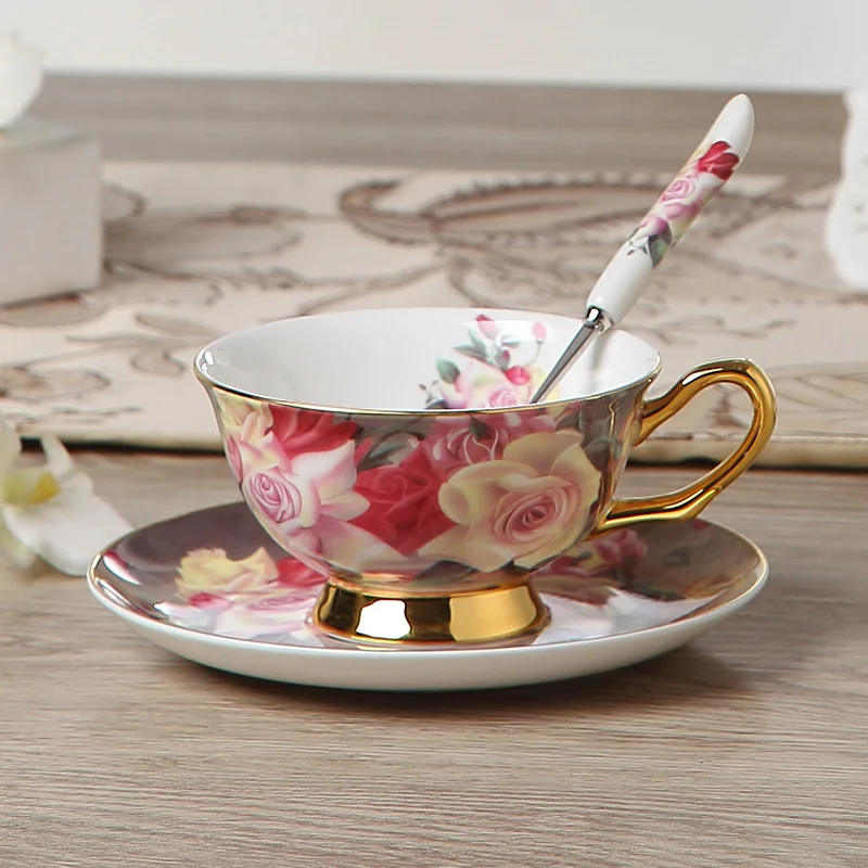 

European Bone China Coffee Cup Set, Classical Rose Tea Cup, Ceramic Water Cup, English Cup and Saucer, Home Hotel Kitchenware