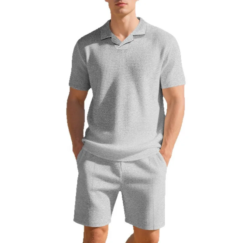 Men American Wfle Knit 2 Piece Set Notch Collar Polo Shirt Loose Casual Short Pants Outfit