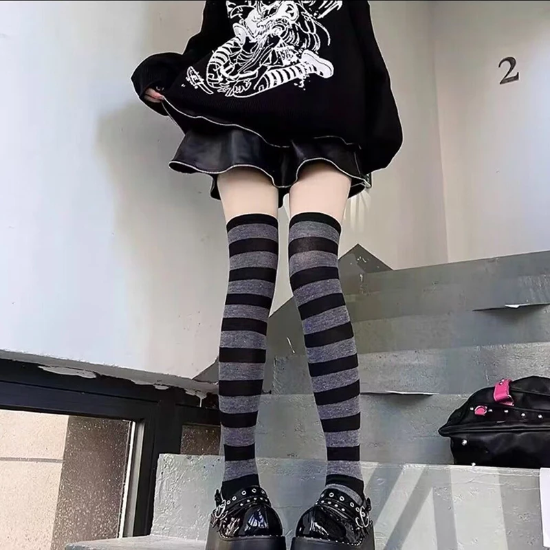 Color Striped Stockings Japanese Over Knee Socks Sexy Slim Long Soks Black White Striped Hosiery Thigh High Stockings Knee