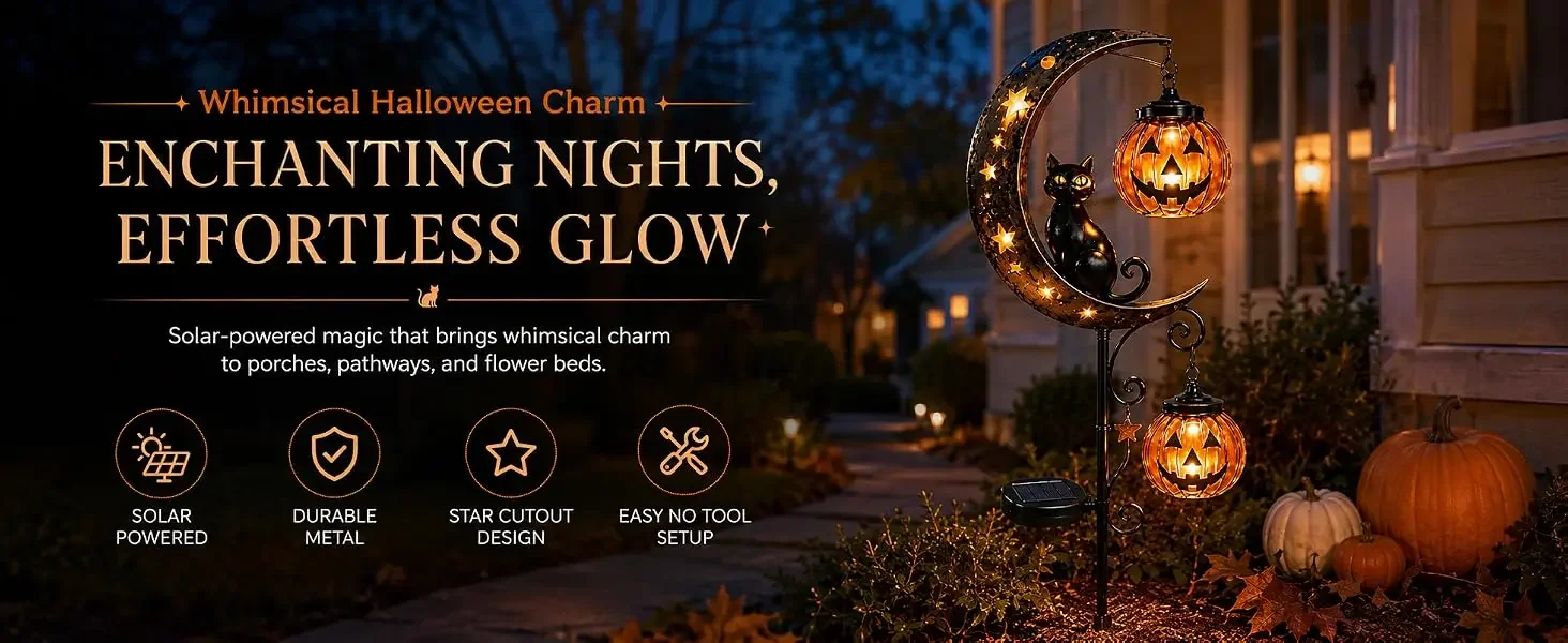 Solar Halloween Black Cat &amp; Pumpkin Moon Garden Stake Light, Outdoor Waterproof LED