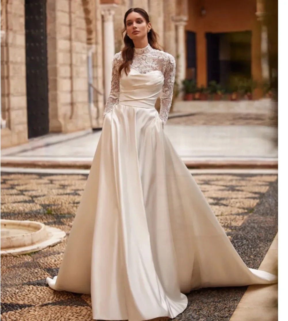 Robe de mariée A-ligne à col haut pour femmes, appliques en dentelle avec poche, robe de mariée élégante, robe boutonnée au dos, 2024