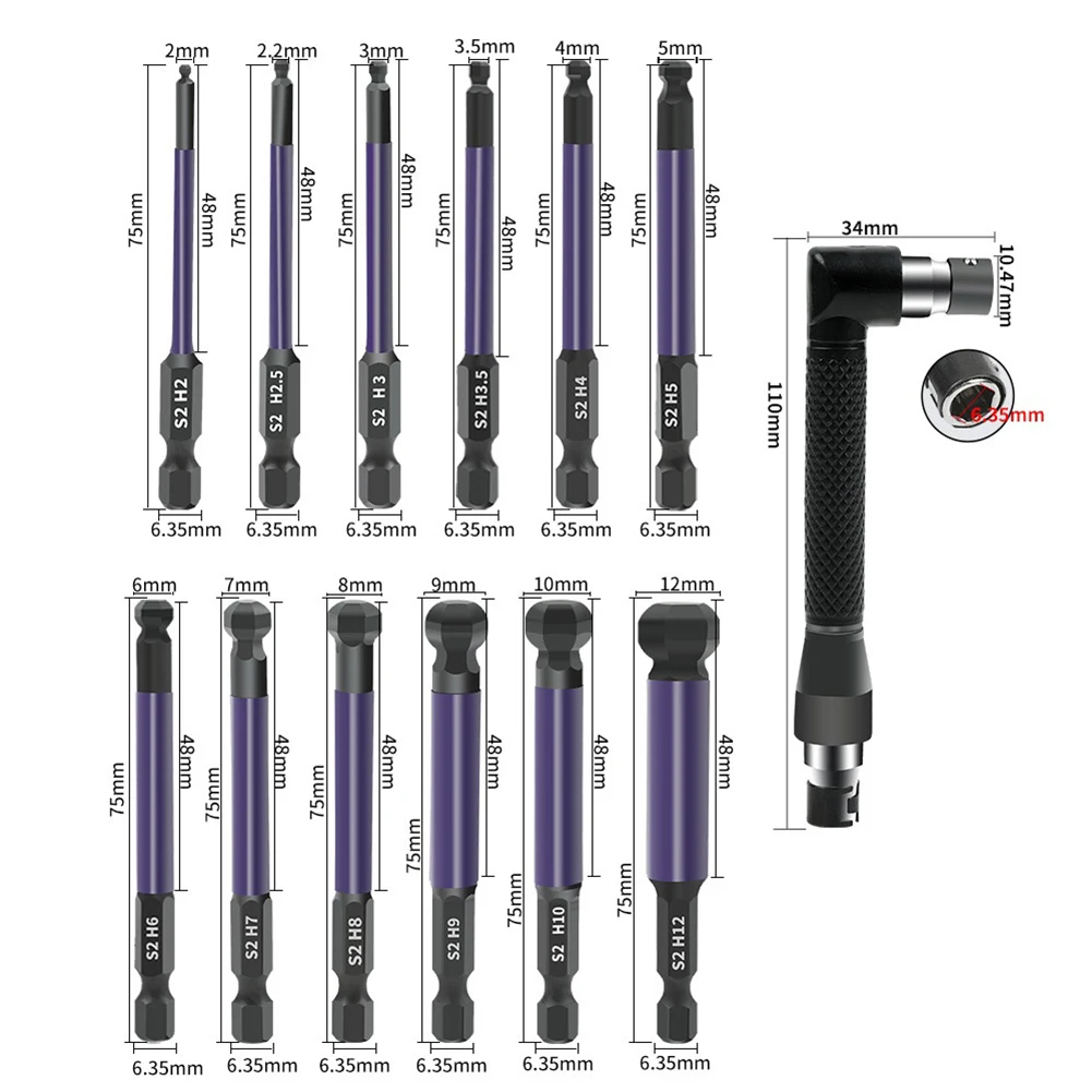 H2-H12 Chave de fenda Bits para broca elétrica, bola magnética End, cabeça de hexágono, Hex Shank, Wrench Hand Tool, 75mm, 13Pcs