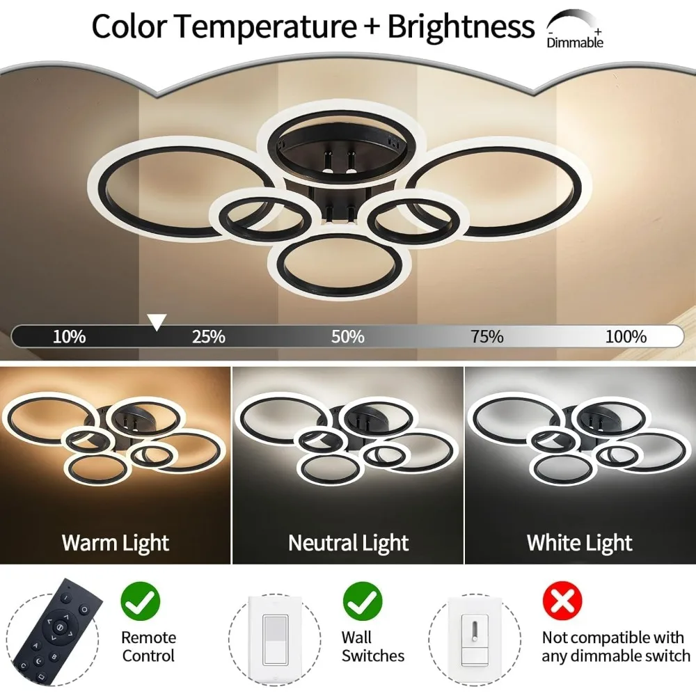 تركيبات إضاءة سقف LED حديثة مكونة من 6 حلقات، حامل فلوش مع جهاز تحكم عن بعد لسطوع خافت ودرجة حرارة ألوان قابلة للتعديل #5