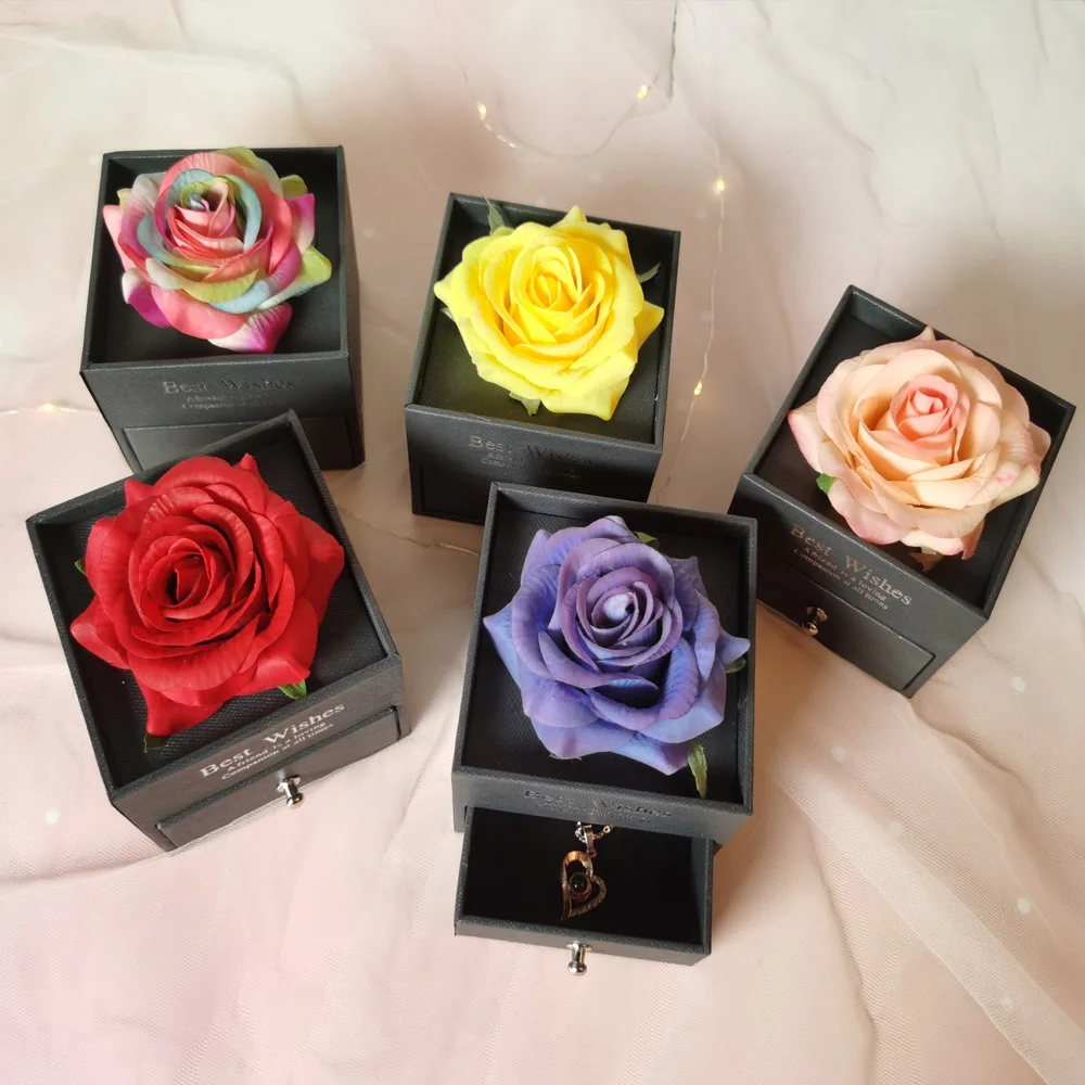 Forever Flower Eternal Rose Jewelry Box with 100 Languages I Love You Necklace Wedding Birthday Gifts for Mother Girlfriend