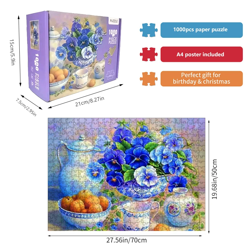 

1000pcs Cardboard Jigsaw Puzzle 70cm*50cm Adult Beautiful Flower Painting Wall Decor DIY Brain Teaser Educational Game