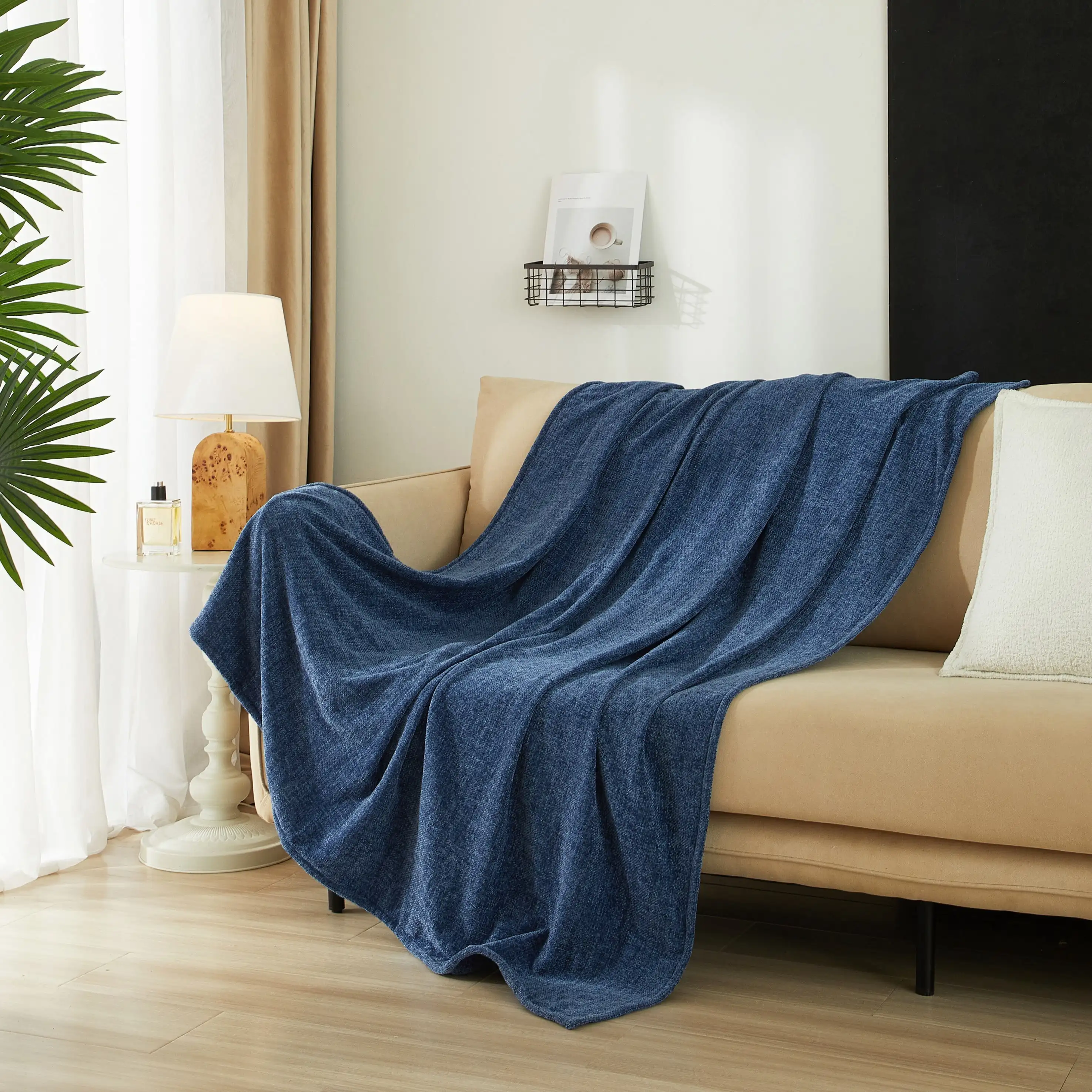 Chenille Throw Blanket, Washed Indigo, 50 in X 60 in