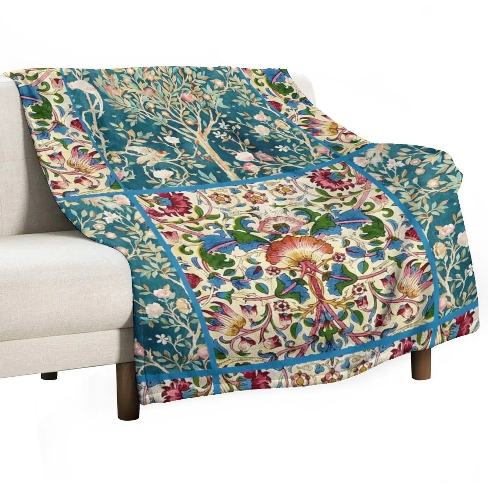 

POMEGRANATE TREE BIRDS, FLOWERS, GREEN LEAVES Art Nouveau Floral Tiles Throw Blanket Moving Flannel Fabric Blankets