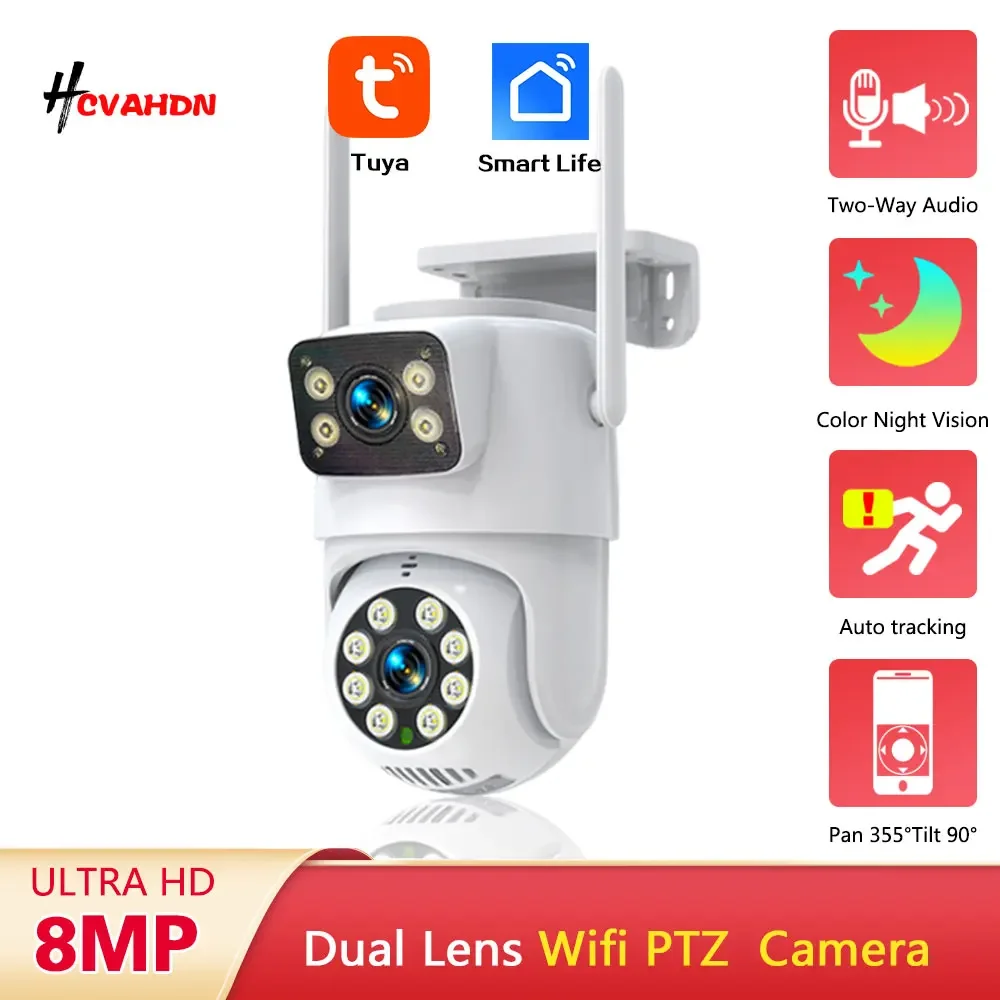 Tuya 8MP 4K WiFi Camera with Dual Lenses and Dual Screens Featuring AI Human Tracking and Detection for Smart Life Surveillance