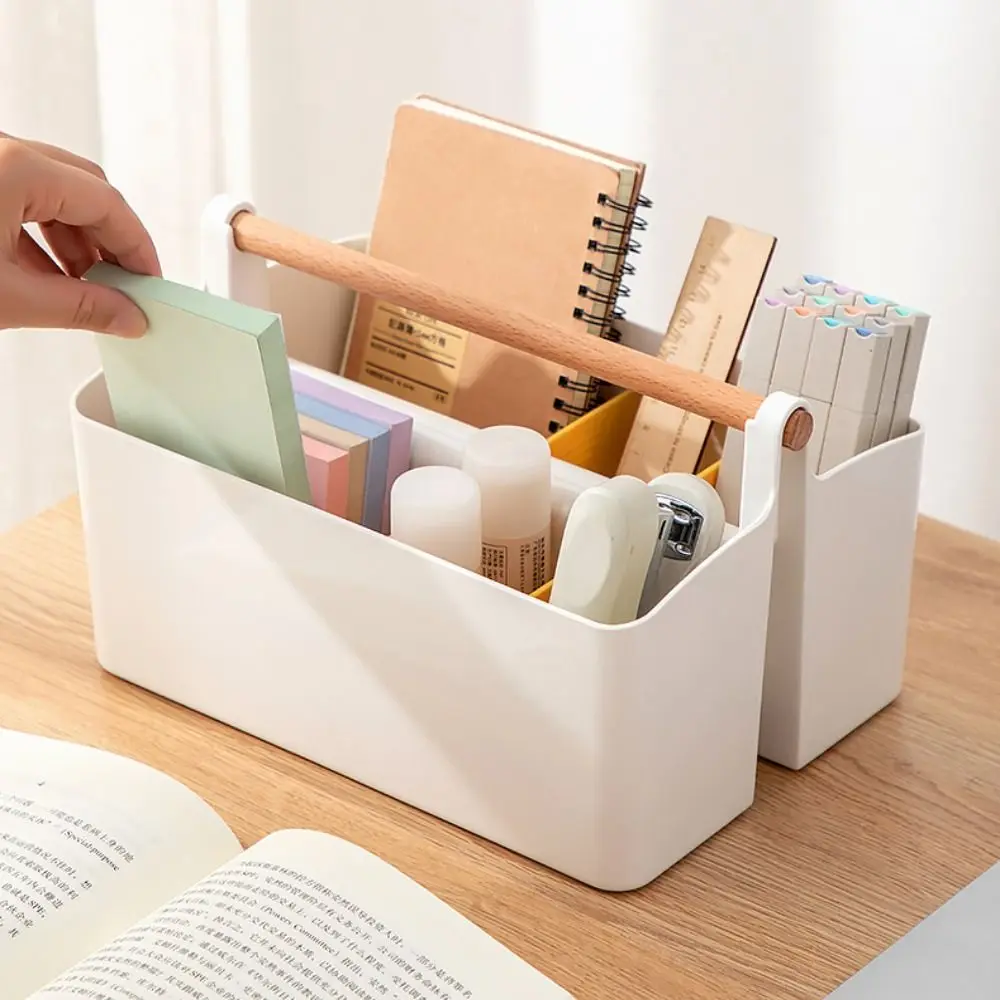 

Plastic Desk Storage Organizer Portable Detachable Pen Holder Multi-Purpose with Wooden Handle Desk Stationery Box Bathroom