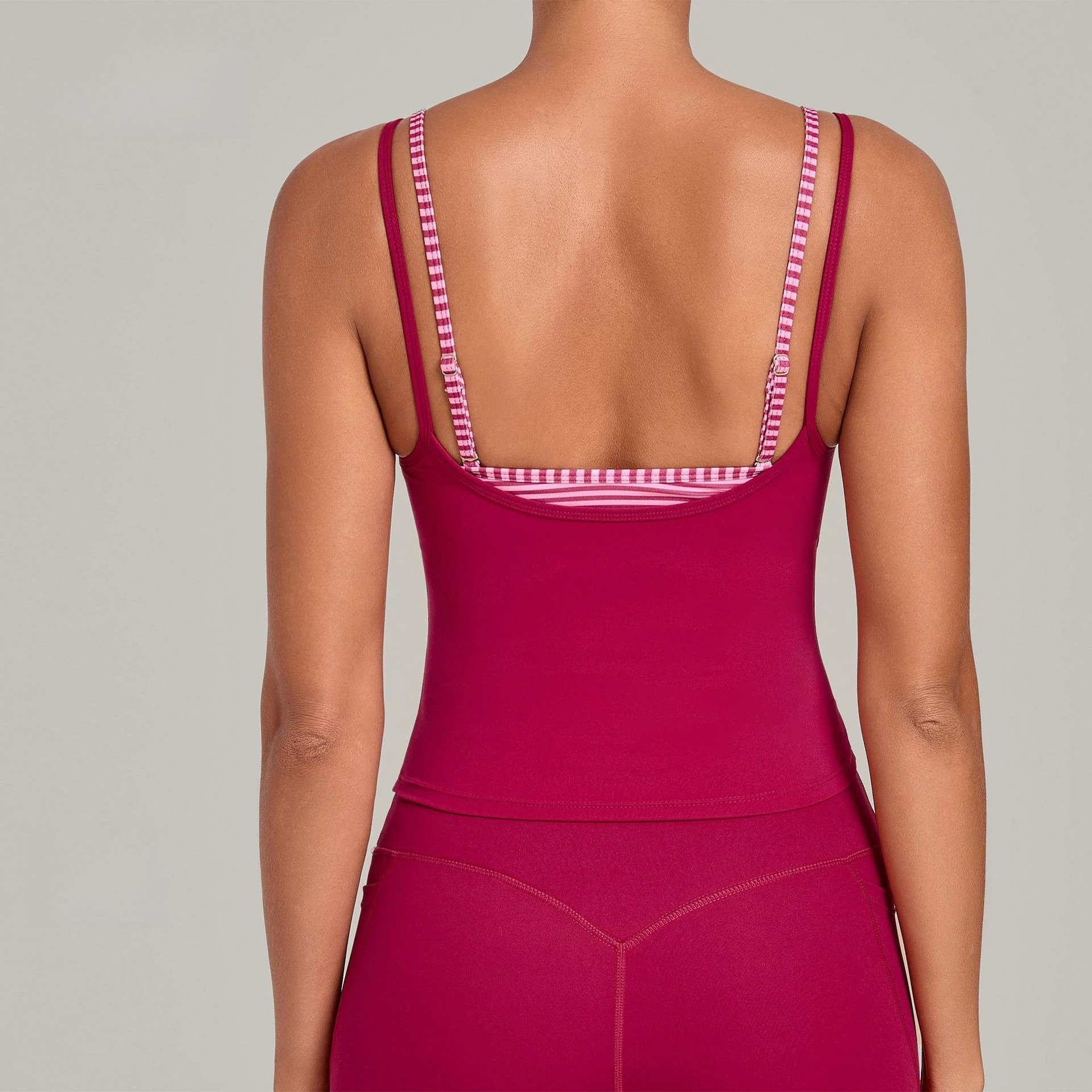Vintage Print Color Block Sports Tank Top Faux Two-piece Double Straps Waist Shaping Yoga & Fitness Base Layer Built-in Bra Pads