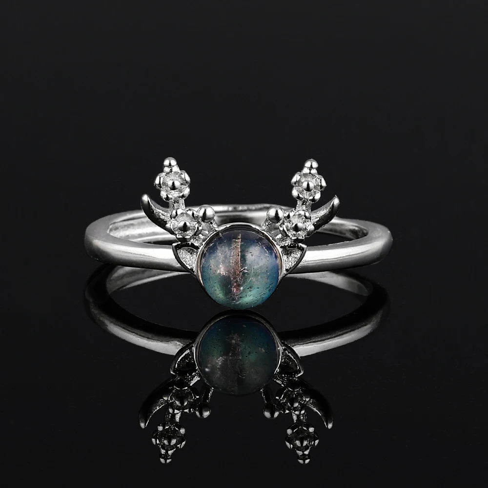 100% natural grey moonlight gem staghorn ring, suitable for women adjustable copper-plated silver ring, for parties and gifts