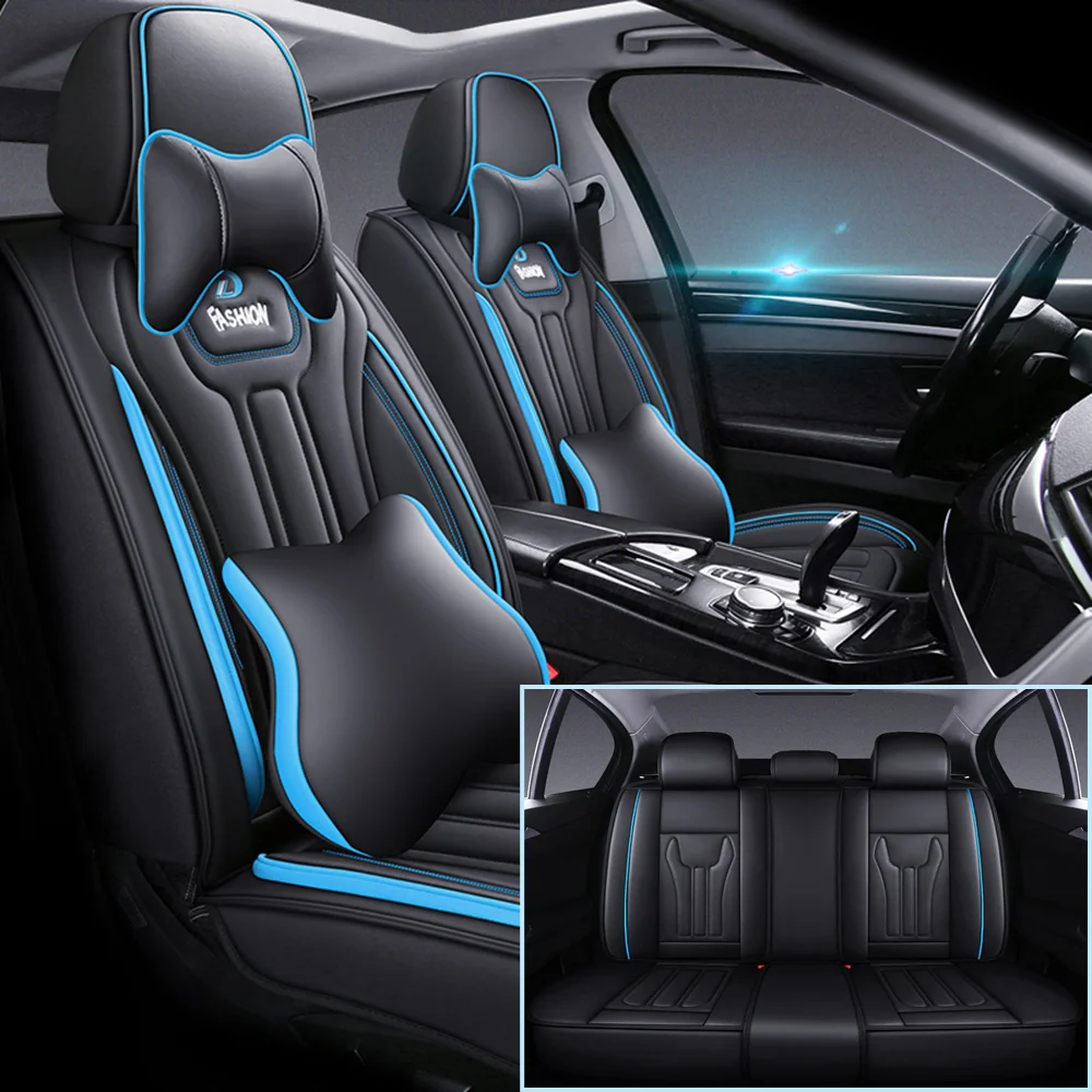 

5-местные черные, синие чехлы на автомобильные сиденья из искусственной кожи, разделенный дизайн, простая установка, защищает сиденья, как новые, подходят для транспортных средств на 90%