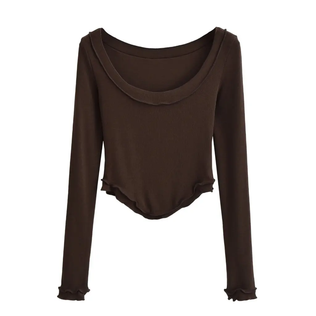 

Women's Large round Neck Long-Sleeved T-Shirt Wavy Edge Short Curved Bottoming Autumn Winter Fashion Casual Top for Hot Girls