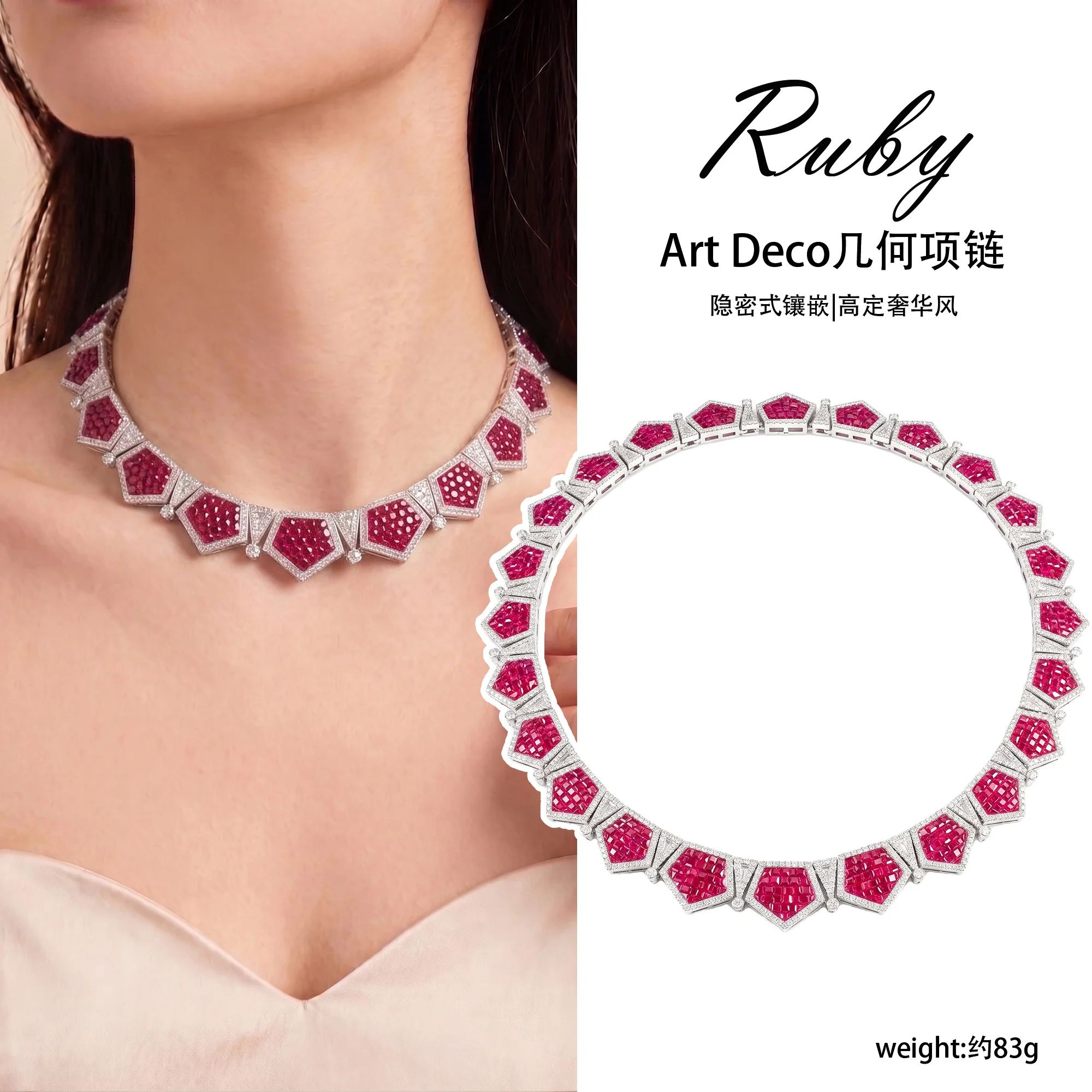 French Luxury Gold Plated Brass Necklace Bezel Set Artificial Ruby July Birthstone Geometric Honeycomb Jewelry for Women Wedding