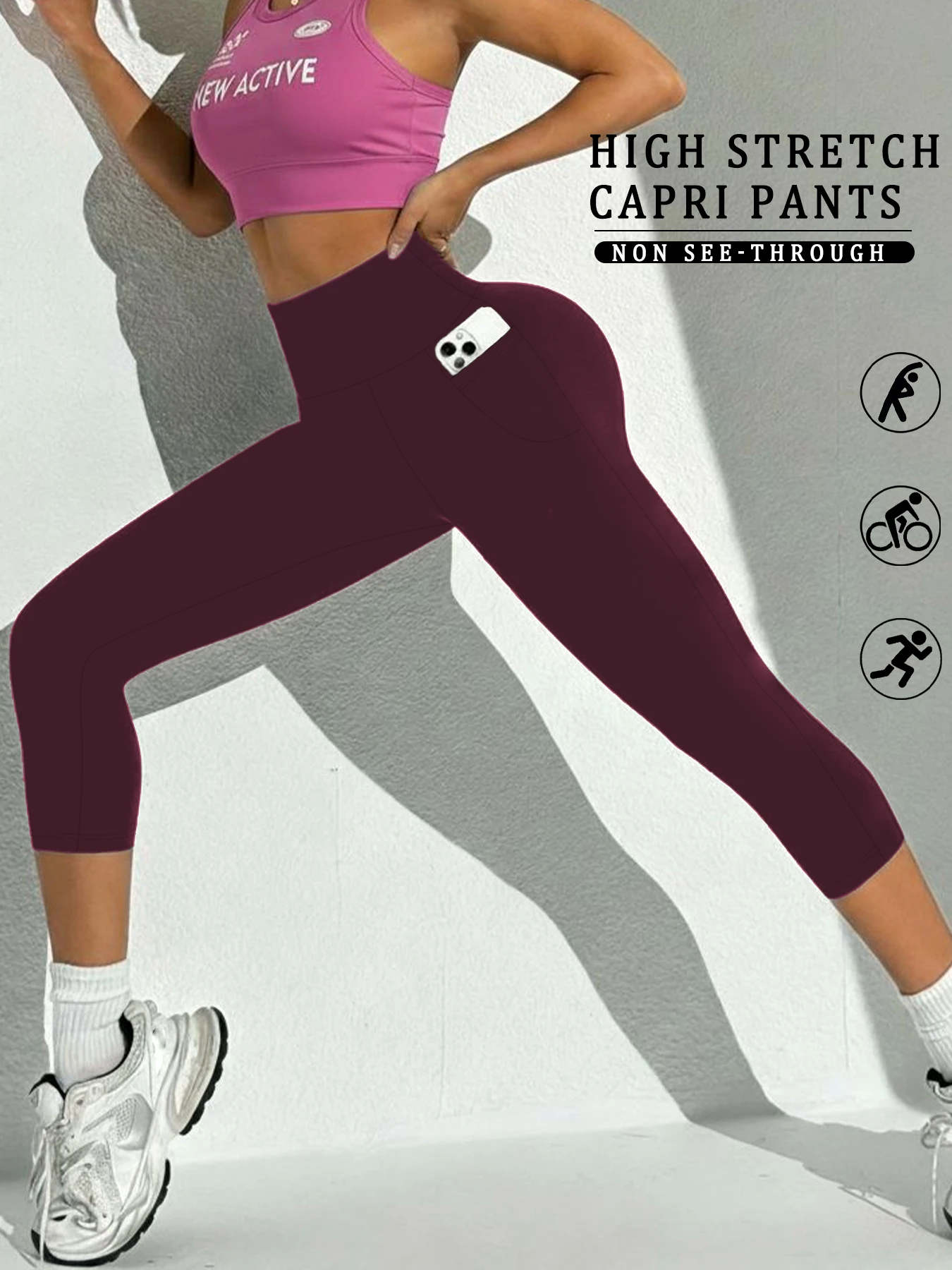 Pantalones capri de cintura alta para mujer con bolsillos Control de barriga No transparente entrenamiento correr Yoga Atlético gimnasio Leggings