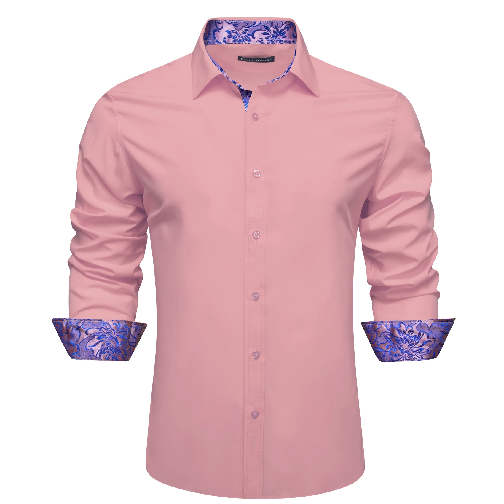 Luxury Silk Shirts for Men Long Sleeve Solid White Gold Pink Blue Green Black Two Color Slim Fit Male Blouses Tops Barry Wang