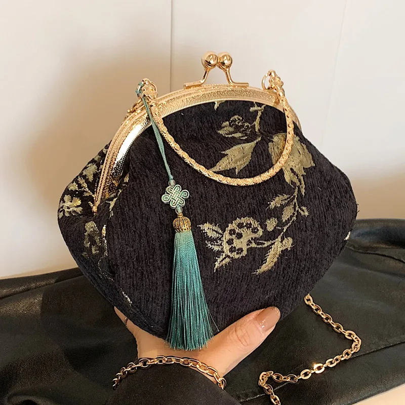 Elegant Women Embroidery Bright Silk Evening Clutch Retro Chain Messenger Bag Luxury Female Party Small Totes Handbags And Purse