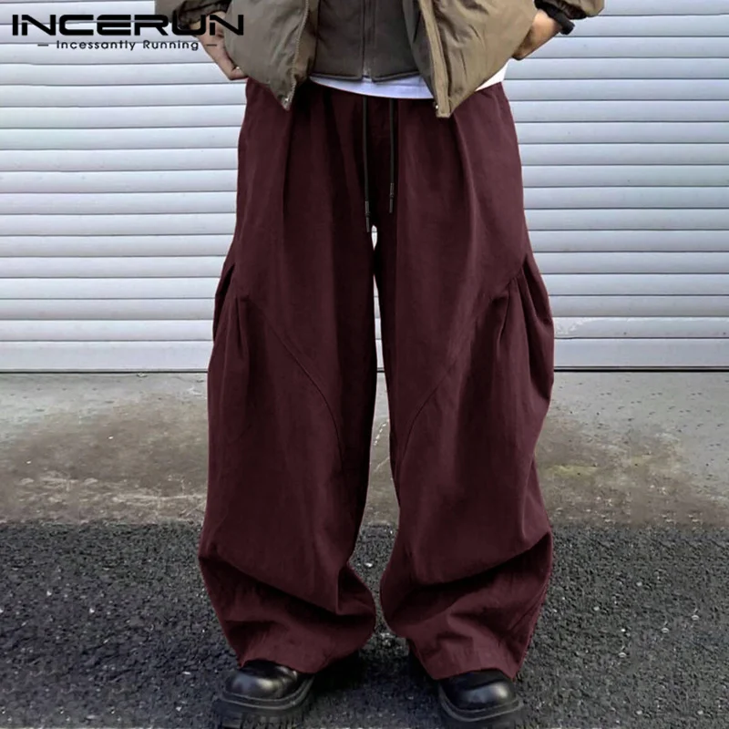 INCERUN Men Pants Solid Color Joggers Drawstring Loose Pleated Wide Leg Trousers Men Streetwear 2024 Fashion Casual Long Pants