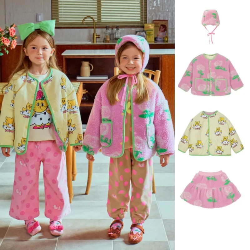 

Girls' Cotton Jacket 2025 Winter New Pink Print Fashionable Warm Double-sided Jacket Lamb Wool Girls' Skirt Children's Clothing