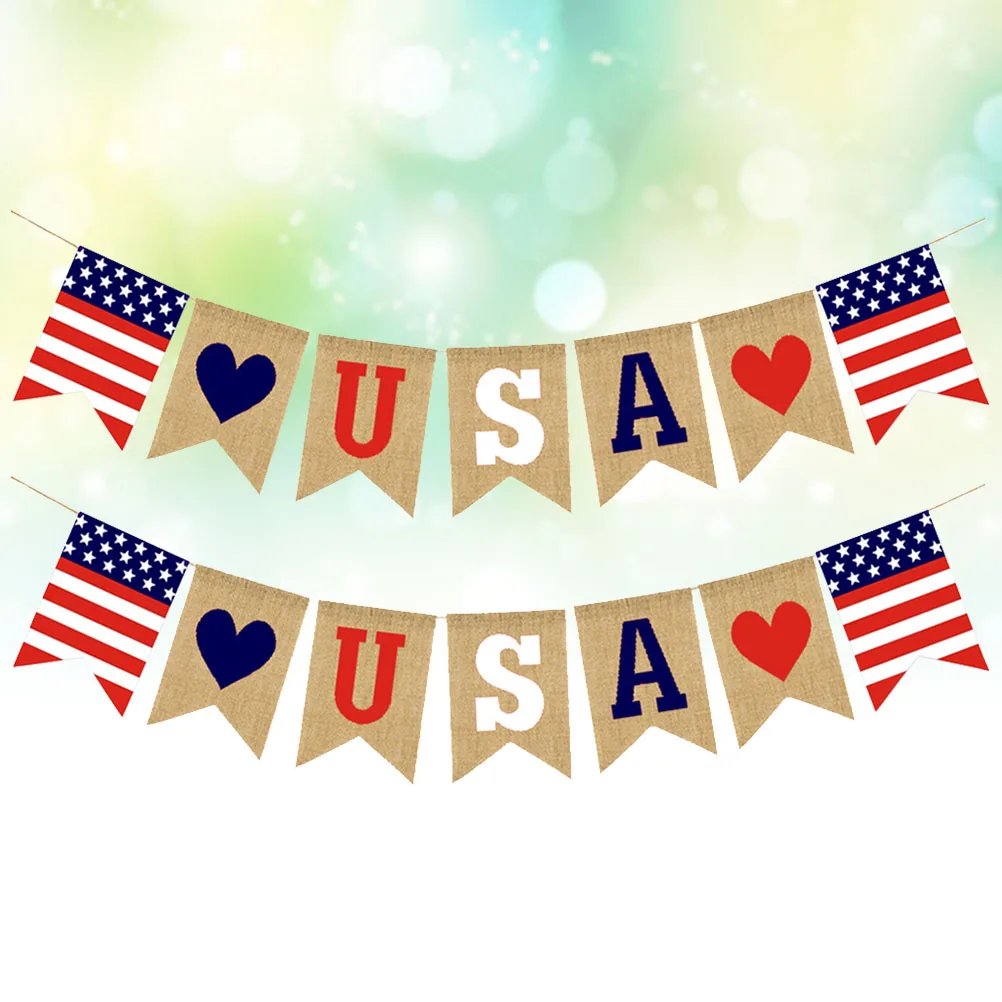 

2 Pcs Party Decoration Pull Flags American Independence Day Banner Burlap The USA Patriotic Bunting Hanging