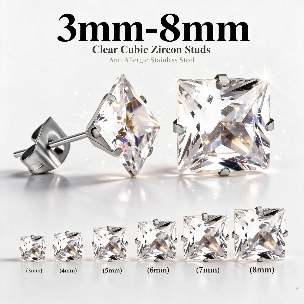 LUXUKISSKIDS Brilliant Square Stud Earrings 10pairs/Lot Novel Clearly Large 3A Cubic Zirconia Stainless Steel Wholesale Piercing