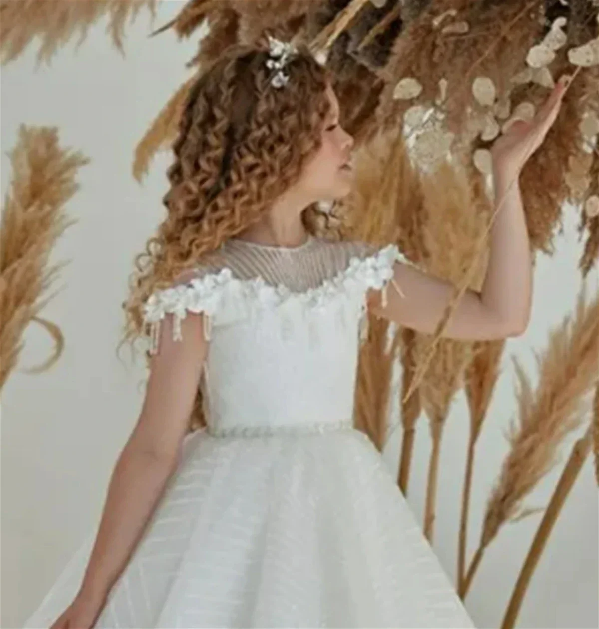 Flower Girl Dress White Fluffy Stain Lace sparkle Tassel Applique Wedding Lovely Flower Child's Eucharistic Prom Party Dress