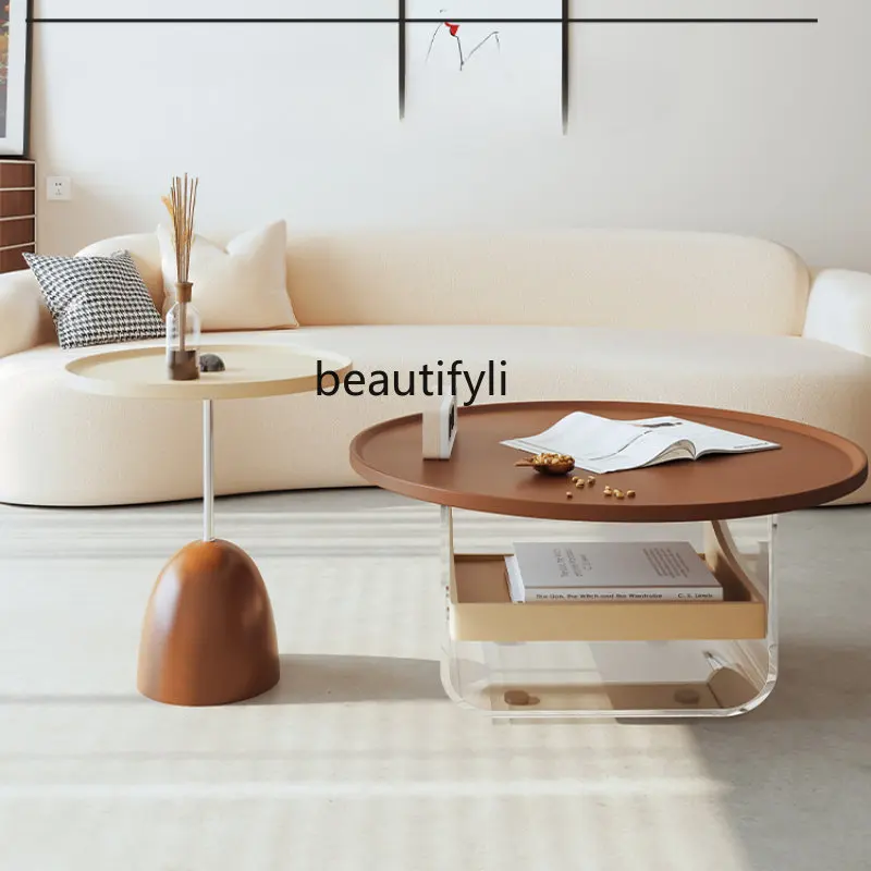 

Cream Style Coffee Table Living Room Home Light Luxury Modern Acrylic French round Middle Ancient Tea Table