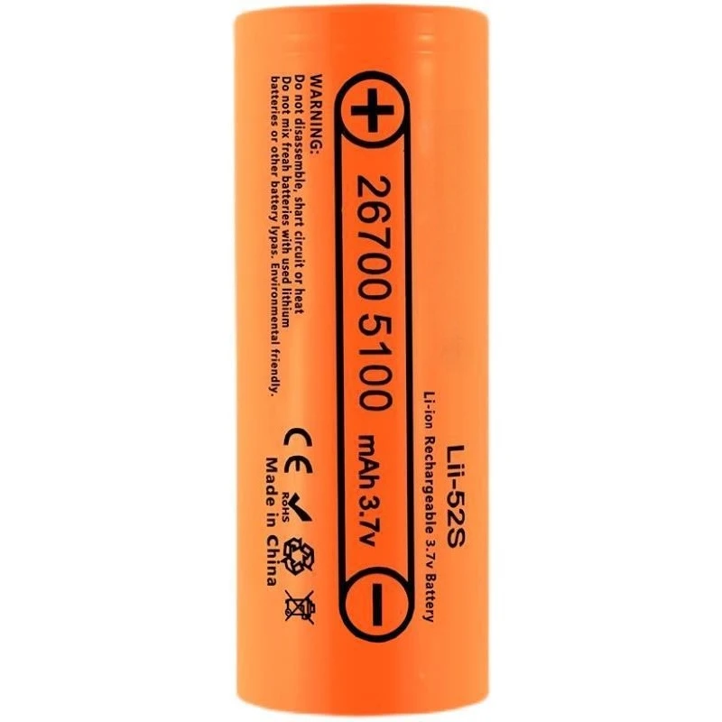 High Capacity Lii-52S Grade A 26700 Rechargeable Lithium Battery 3.7V Flat Head 5100mAh for Flashlight