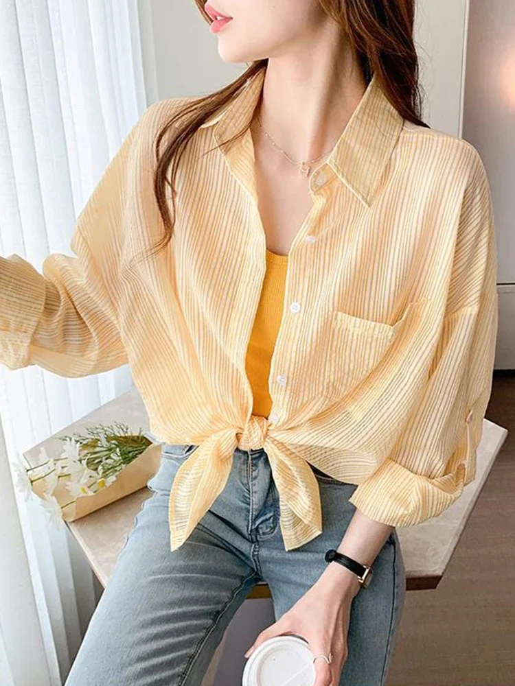 Chiffon Sweet Korean Striped Sun-Proof Shirt Women Preppy Style Casual Turn Down Collar Loose Blouse Fashion All Match Top