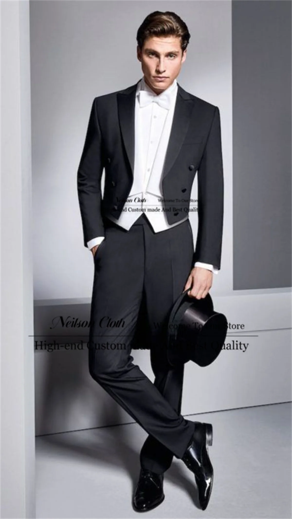

Formal Black Male Prom Blazers 3 Pcs Sets Long Coat White Vest Groom Wedding Tuxedos Customized Peaked Lapel Costume Homme