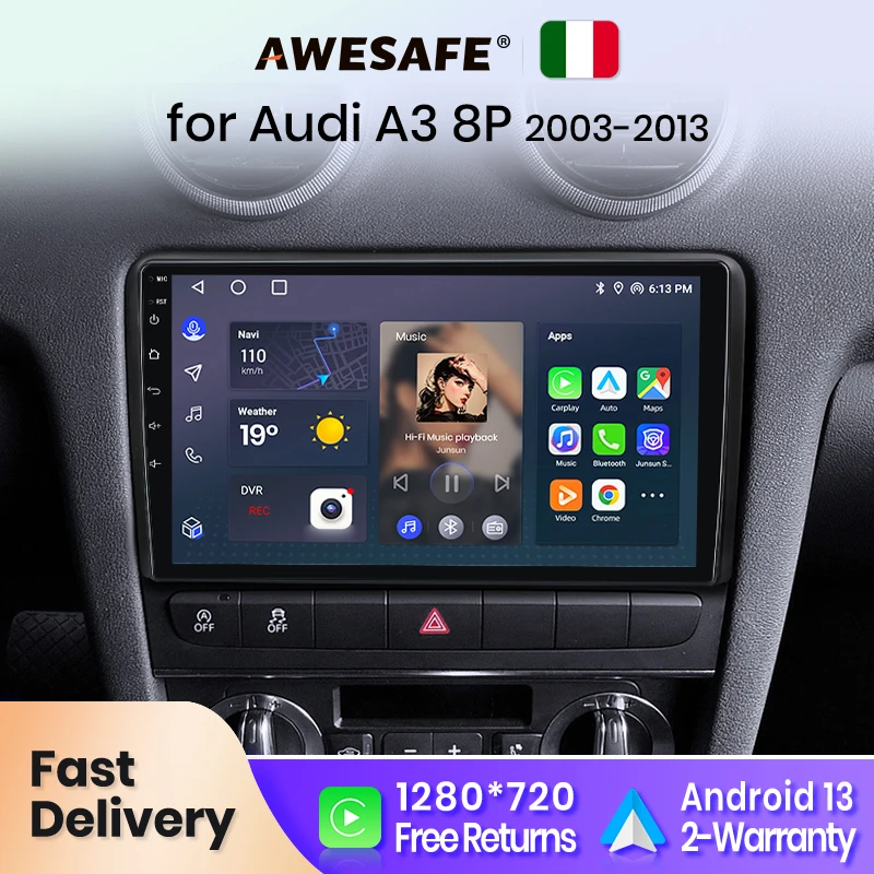 AWESAFE Wireless CarPlay for Apple Android 13 Auto Radio for Audi A3 8P 2003 2004 2005-2013 Multimedia Screen Stereo GPS RDS DSP