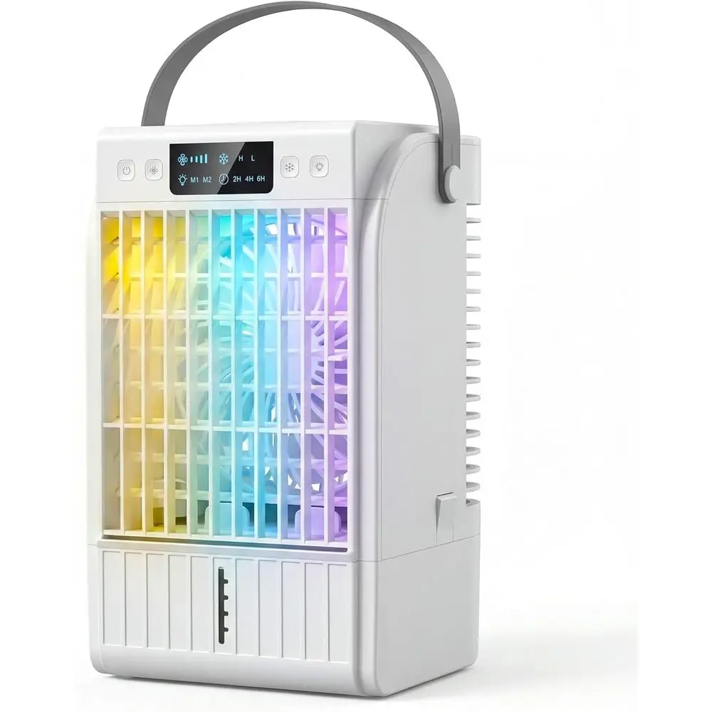 

Мини-охладитель воздуха 4-в-1, 4 скорости ветра, 2 режима распыления, RGB LED подсветка, таймер на 2-6 часов, персональное охлаждение для дома и офиса, белый