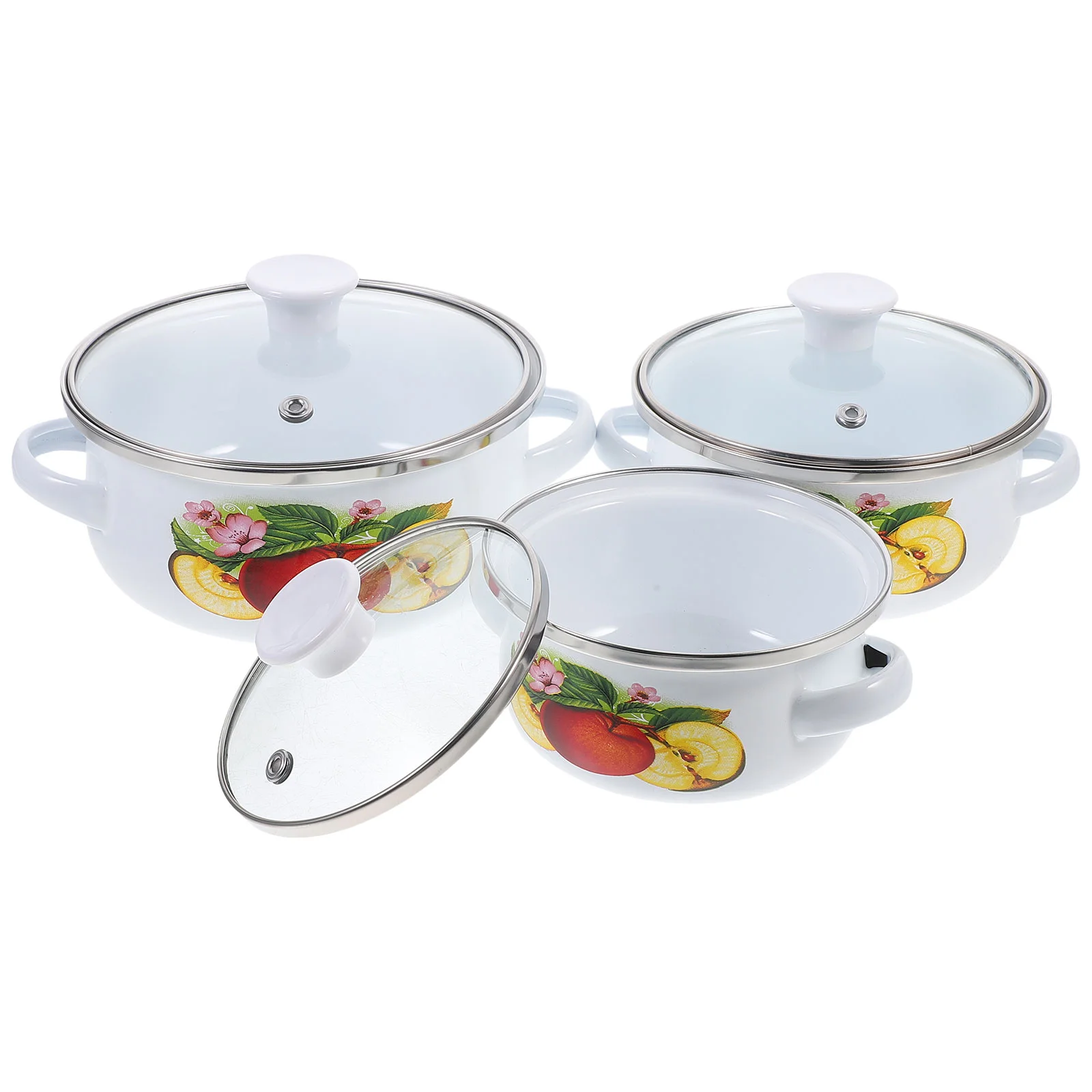 

3 Pcs Enamel Mini Soup Pot Double Ear Oil Instant Noodle Flat Bottom Small Hot Three-piece Set (green Flower) Kettle Pan