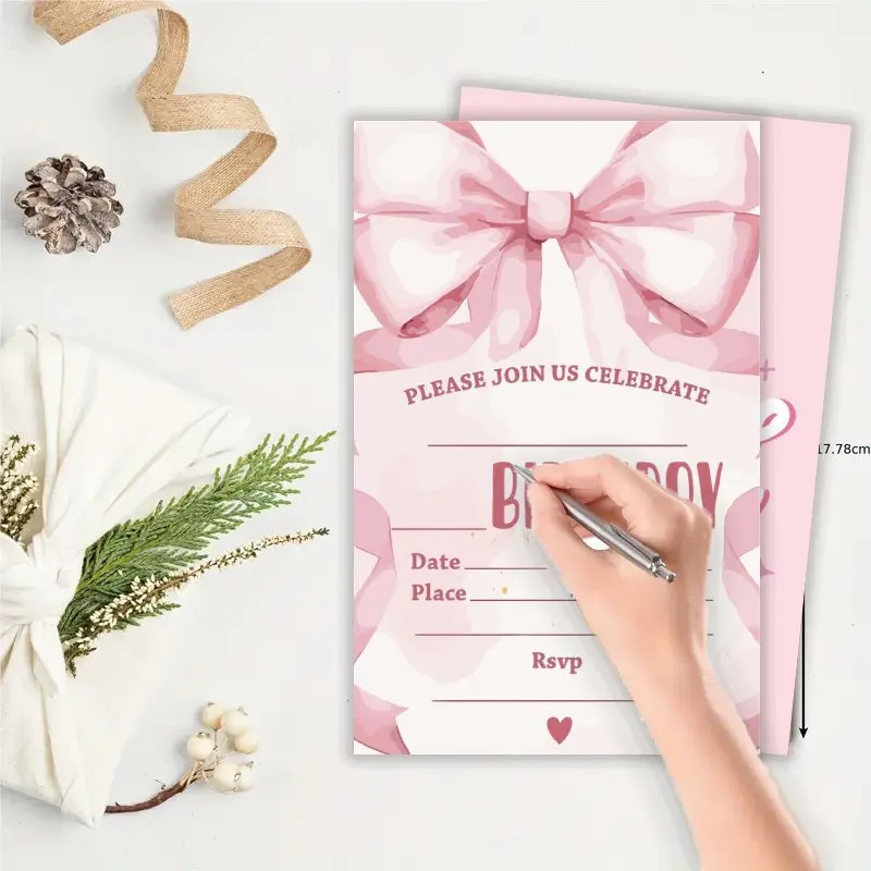 20 قطعة، بطاقة دعوة عيد ميلاد لطيفة على شكل فيونكة كرتونية، 20 بطاقة دعوة عيد ميلاد تحت عنوان الفتاة #3