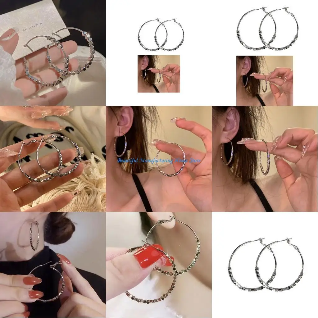 

E56A Large Hooped Earrings Round Circle Earring Tiny Bead Lightweight Huggie Hoop Earring Exaggerated Circle Earring