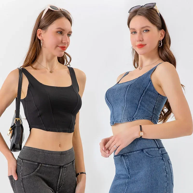 

Women's Contour U-Back Denim Yoga Vest - Slimming Quick-Dry Athleisure Top with Crisscross Strap Design for Gym & Streetwear