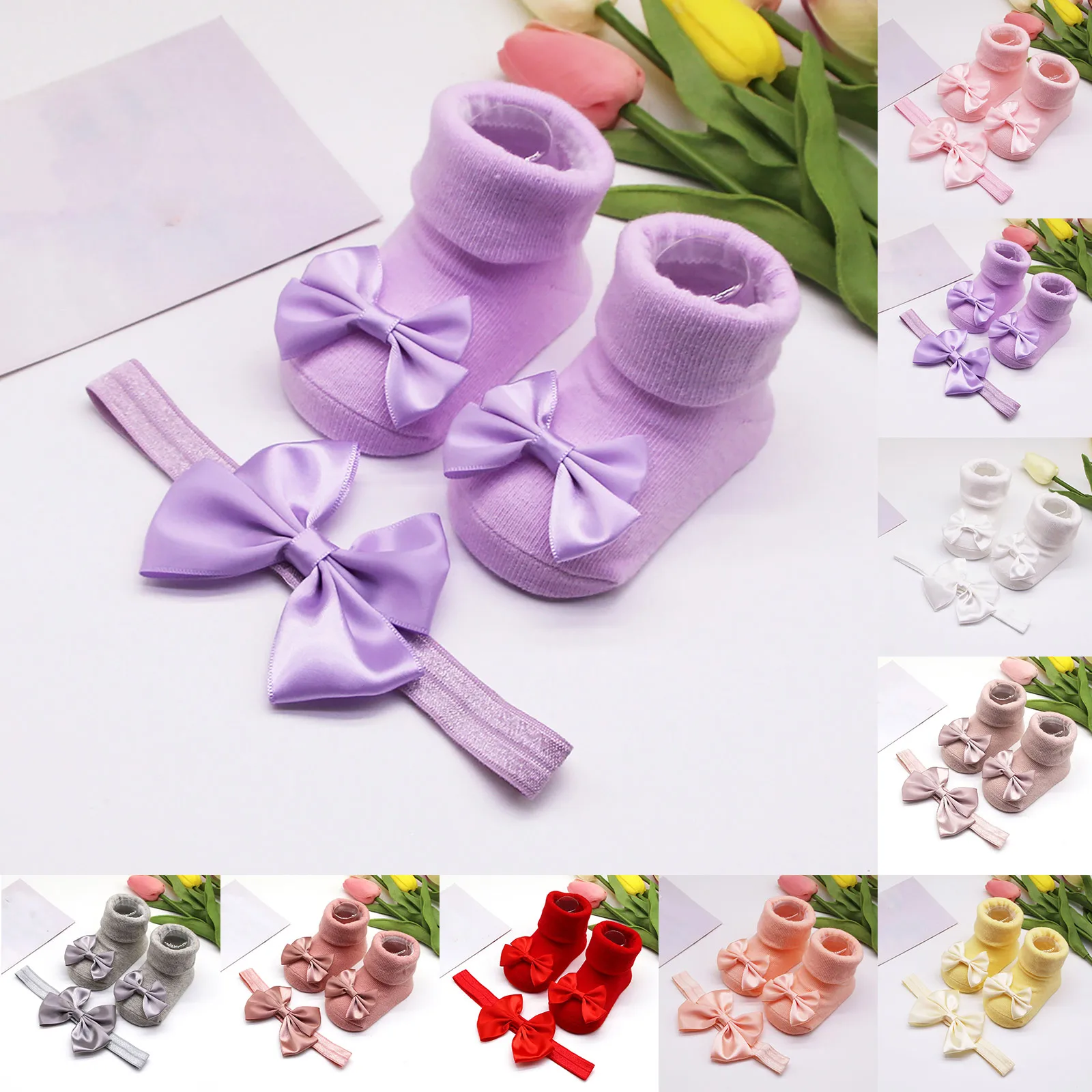 

Детские нескользящие носки с бантом, комплект повязок на голову, мягкая подошва, тапочки для ползания, носки для маленьких девочек, носки с бантом, носки-тапочки