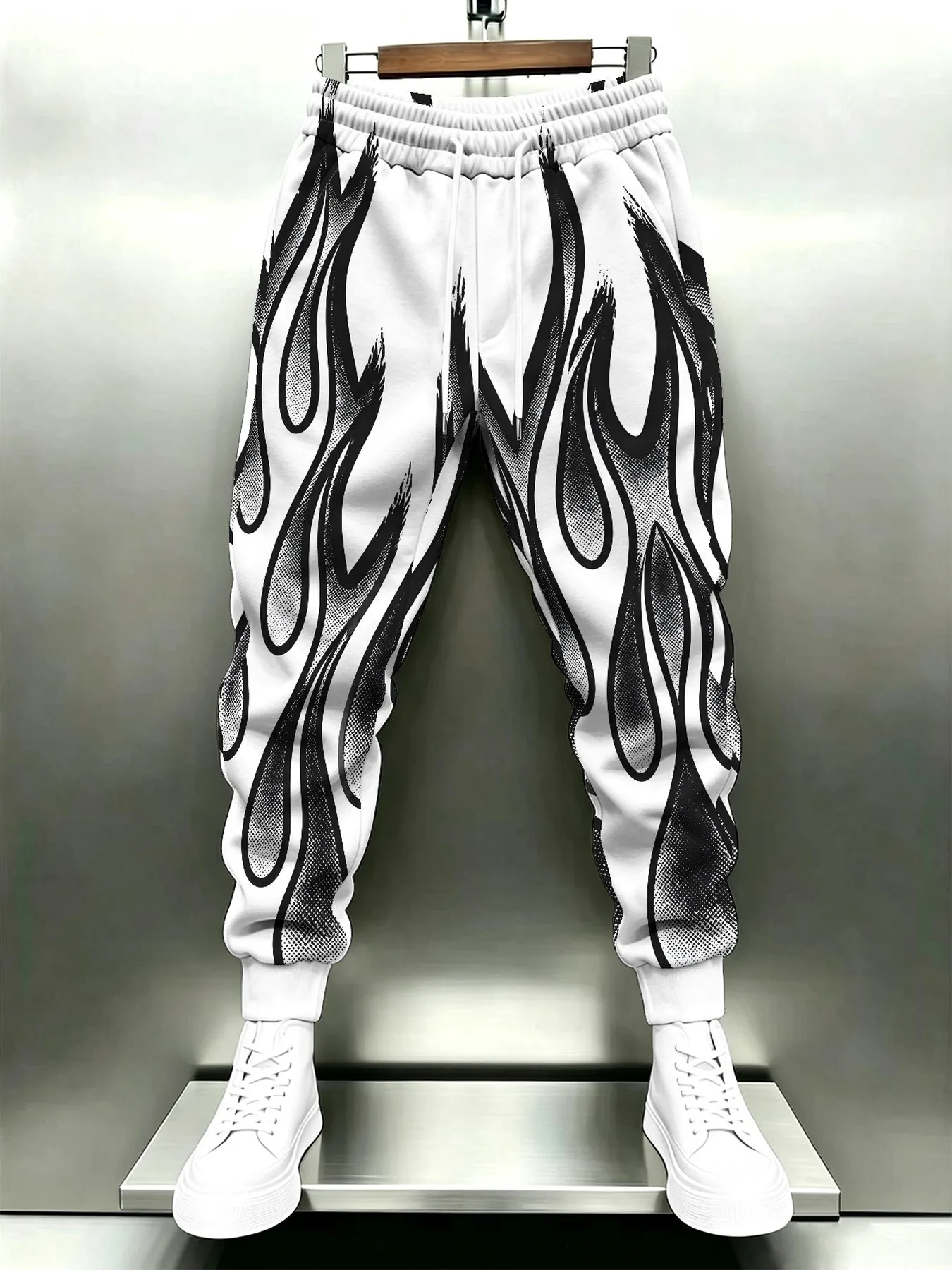 Fashionable Black and White Flame Printed Men's and Women's Pants in Large Size Loose and Quick Drying Casual Sports Pants