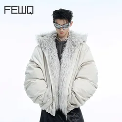 FEWQ Wool Collar Splicing Hooded Men Cotton Jacket Velvet Autumn Winter New Waterproof Thick Design Male Short Coat 24E5176