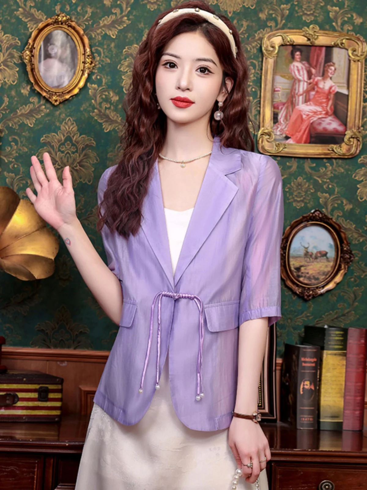 

New Chinese Style Button up Short Sleeve Suit Jacket Women's Summer Thin Casual Versatile Sun Protection Pure Color Western Wear