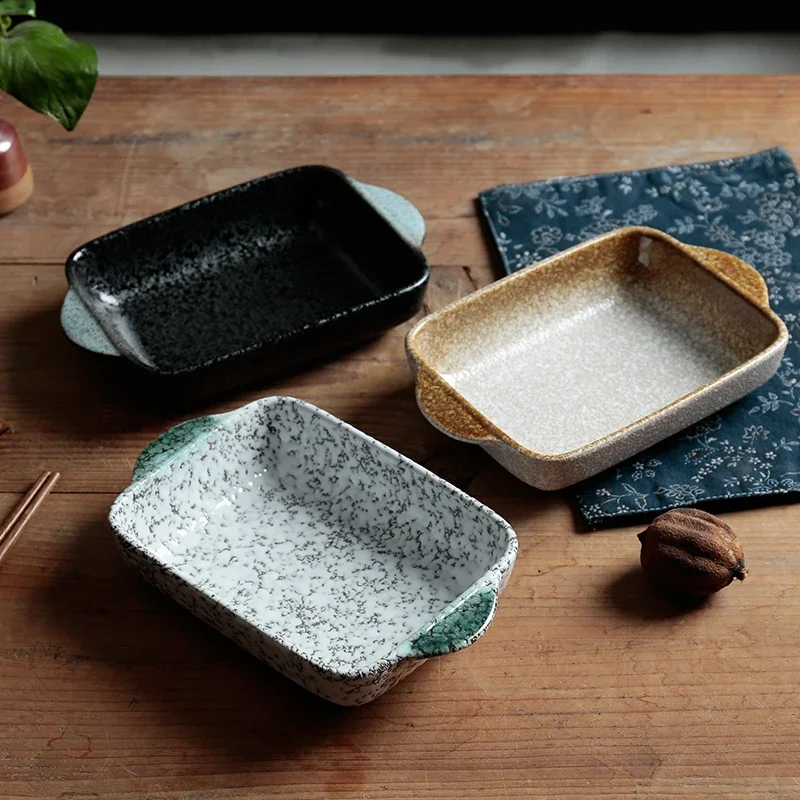Japanese Styel Ceramic Baking Dish Rectangular Bakeware Roasting Pan With Handle Oven Kitchen Baking Tool