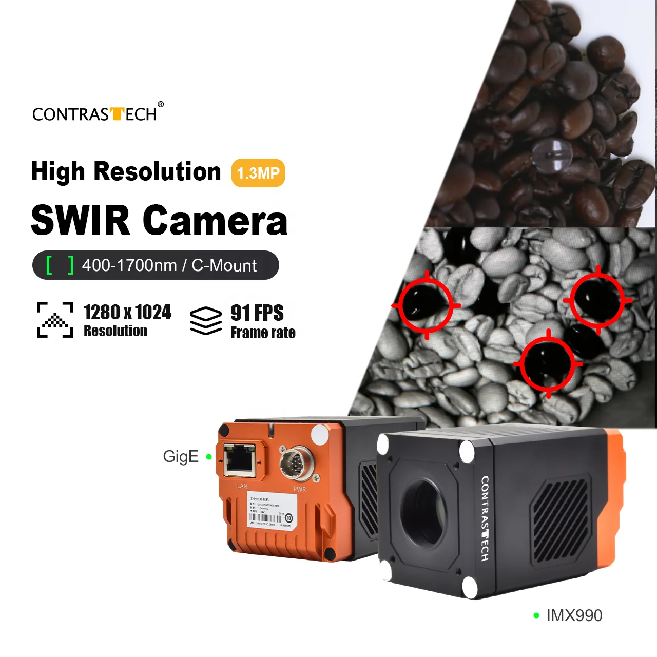 1280x1024 High Resolution 1/2 IMX990 90fps GigE 400-1700nm Cooling SWIR Camera for Garbage Classification