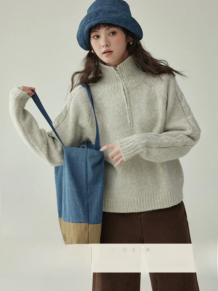 

AMUU Original High Ne Knitted Sweater Women's Autumn Winter Thi Warm Overhead Zipper Sle Comfortable Fit Long Sve Top