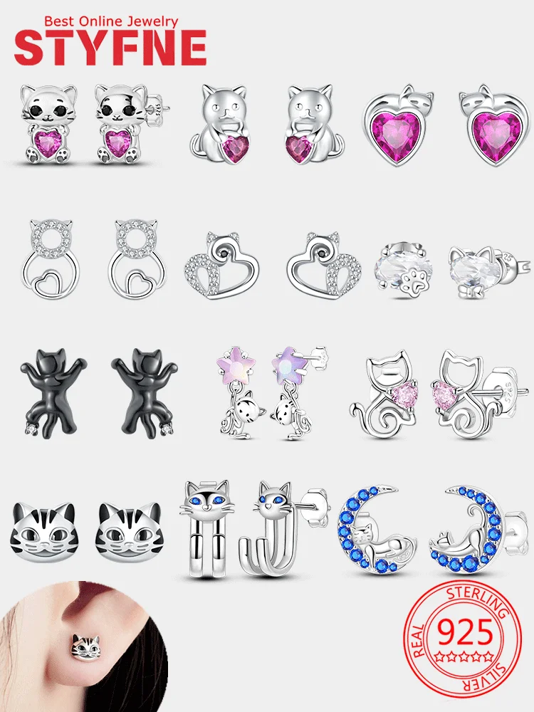 

925 Silver Women's Cat Hearts Earrings Black Cat Pet Earrings Women's Fashion Earrings for Jewelry Gifts