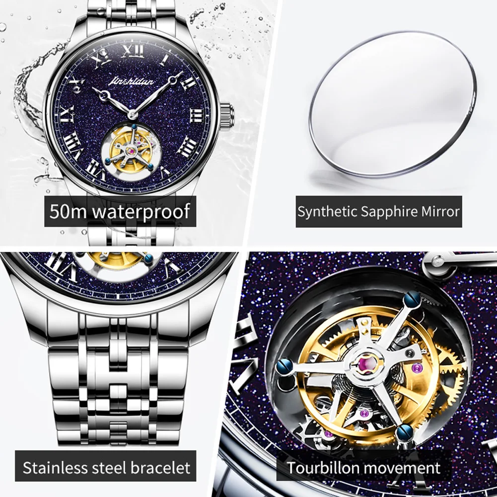 JSDUN Tourbillon Watch for Men Starry Sky Luminous Skeleton Automatic Mechanical Wristwatch Sapphire Crystal Dress Men's Watch