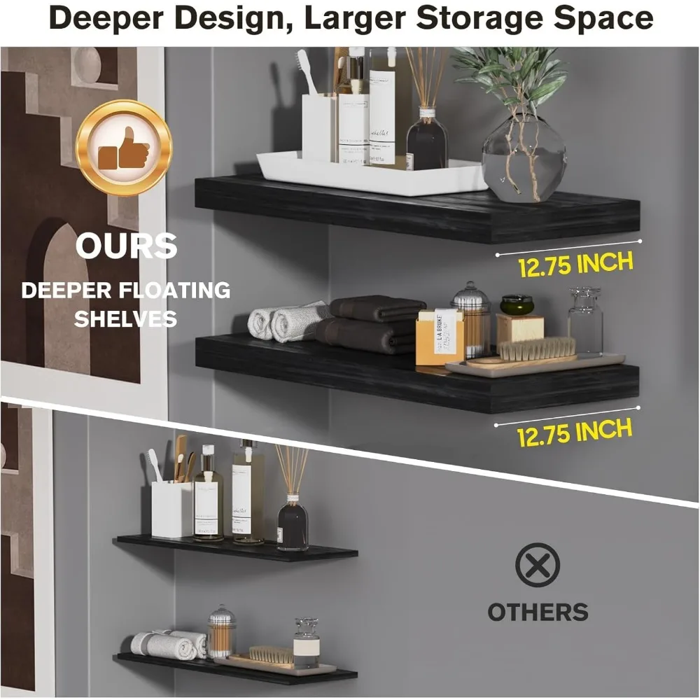 مجموعة خشبية مكونة من 3 أرفف حائط عائمة - 36 عريضة × 12.75 عمق × 2 مرتفعة مع دعامات مخفية لديكور غرفة المعيشة #4