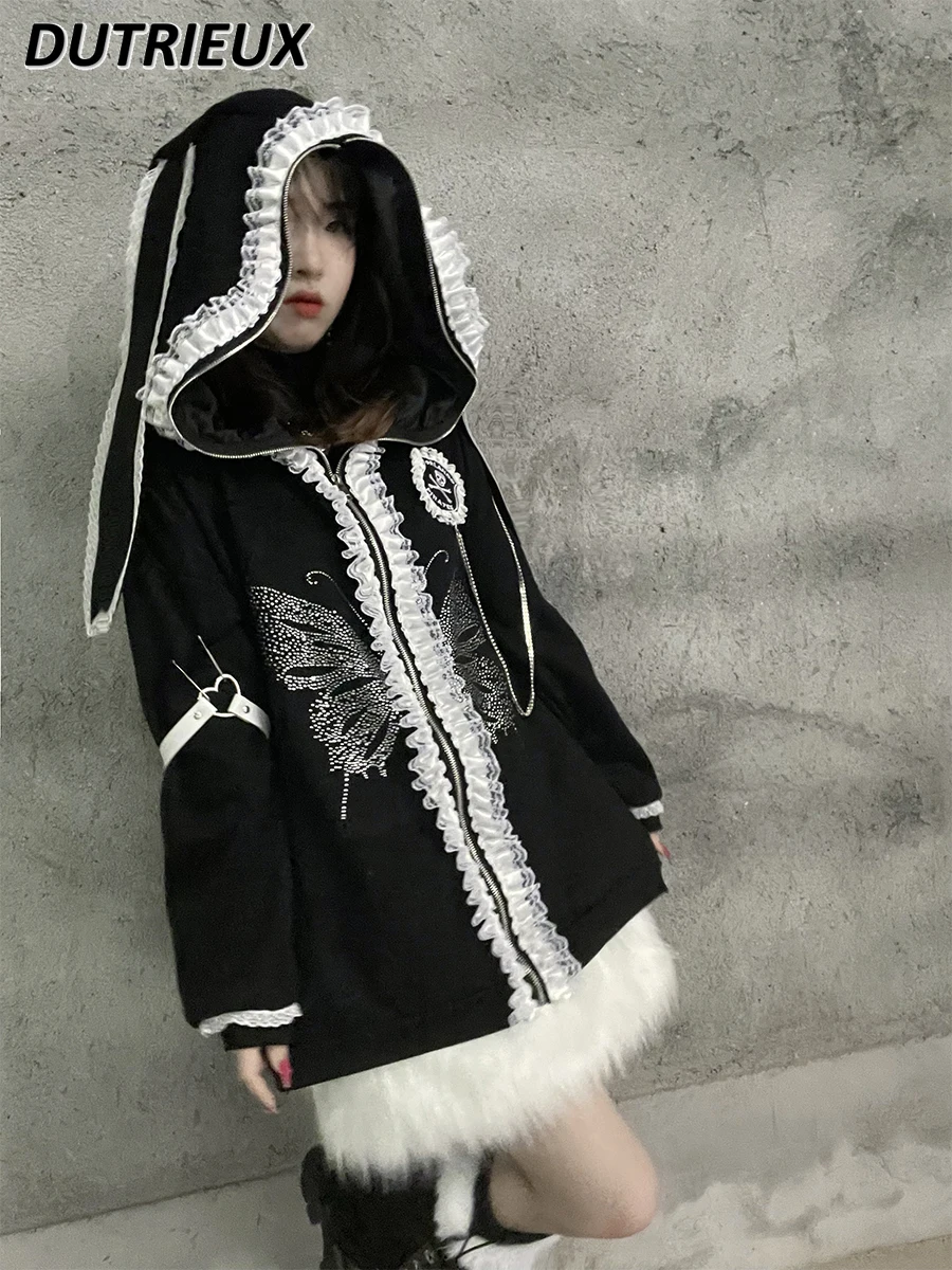 Autumn Winter Dark Punk Loose Sweatshirt Coat Y2k Hooded Harajuku Style Hot Girl Long Sleeve Mid-Length Hoodies Cardigan