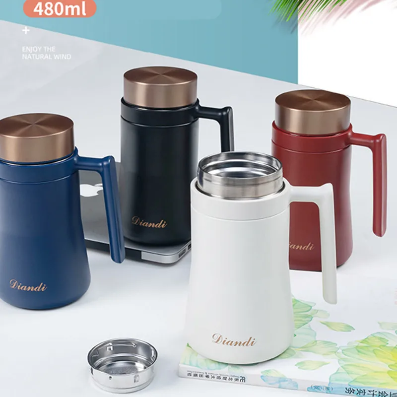 316 Stainless Steel Double Wall Thermos Mug For Tea With Tea Infuser Vaccum Coffee Thermal Mug With Handle For Car Office Home