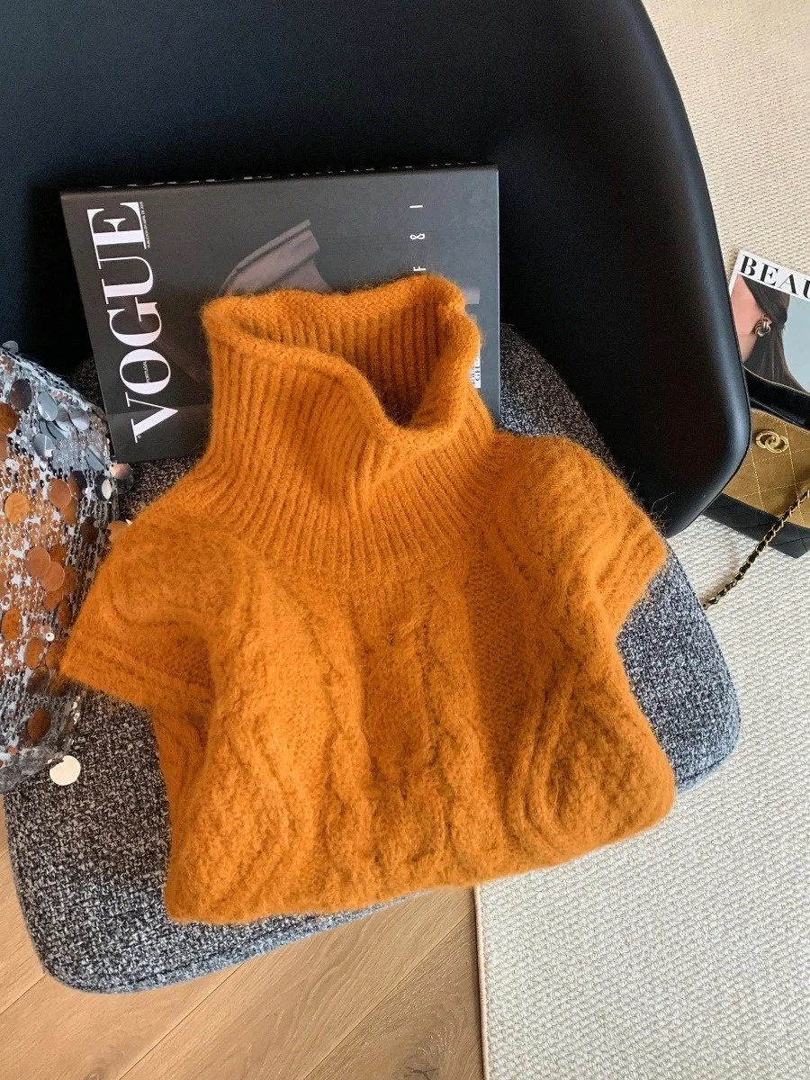 เสื้อกั๊กไหมพรมคอสูงทรงหลวมสำหรับผู้หญิง แฟชั่นฤดูใบไม้ร่วงฤดูหนาว เสื้อท่อนบนทรงสลิม สวมใส่สบาย เนื้อผ้านุ่ม สีสันสดใส เหมาะสำหรับใส่ไปทำงาน